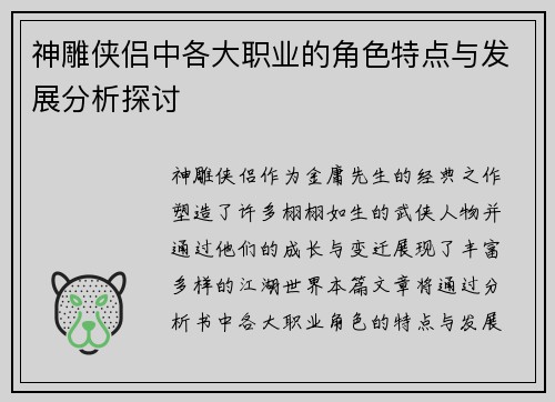 神雕侠侣中各大职业的角色特点与发展分析探讨